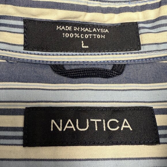 Men’s NAUTICA Striped Short Sleeve Cotton Button Dress Shirt Blue | Size Large - Picture 6 of 7